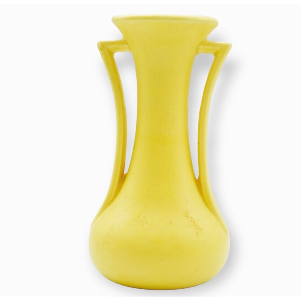 McCoy Double Handle Vase Mottled Yellow  with Brown Spots 9" tall USA Vintage